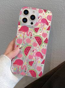 1 pieza Funda de teléfono transparente a prueba de golpes con diseño de sandía y flamenco, material IMD, apta como regalo de vacaciones para iPhone 15, 16 Pro/Pro Max, 14, 15, 16 Plus, resistente a huellas dactilares y arañazos