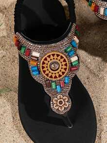 1 Pair Fashion Children's Rhinestone Sandals, Children's Beach Sandals, Bohemian Style, Handmade Rhinestone Sandals - Black - View 6