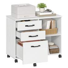 Caisson, Support d'Imprimante Bureau, avec 3 Tiroirs, Meuble de Rangement Mobile, Compartiments Ouverts, pour Format A4, Documents, Style Industriel, Blanc Boisé - Weiss - Übersicht 3