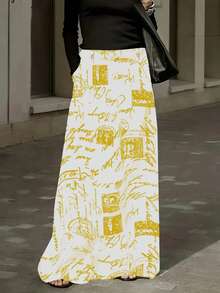 1pc Plus Size A-Line Midi Skirt, Geometric Print, Pockets, Versatile For All Seasons - Yellowish White - View 1