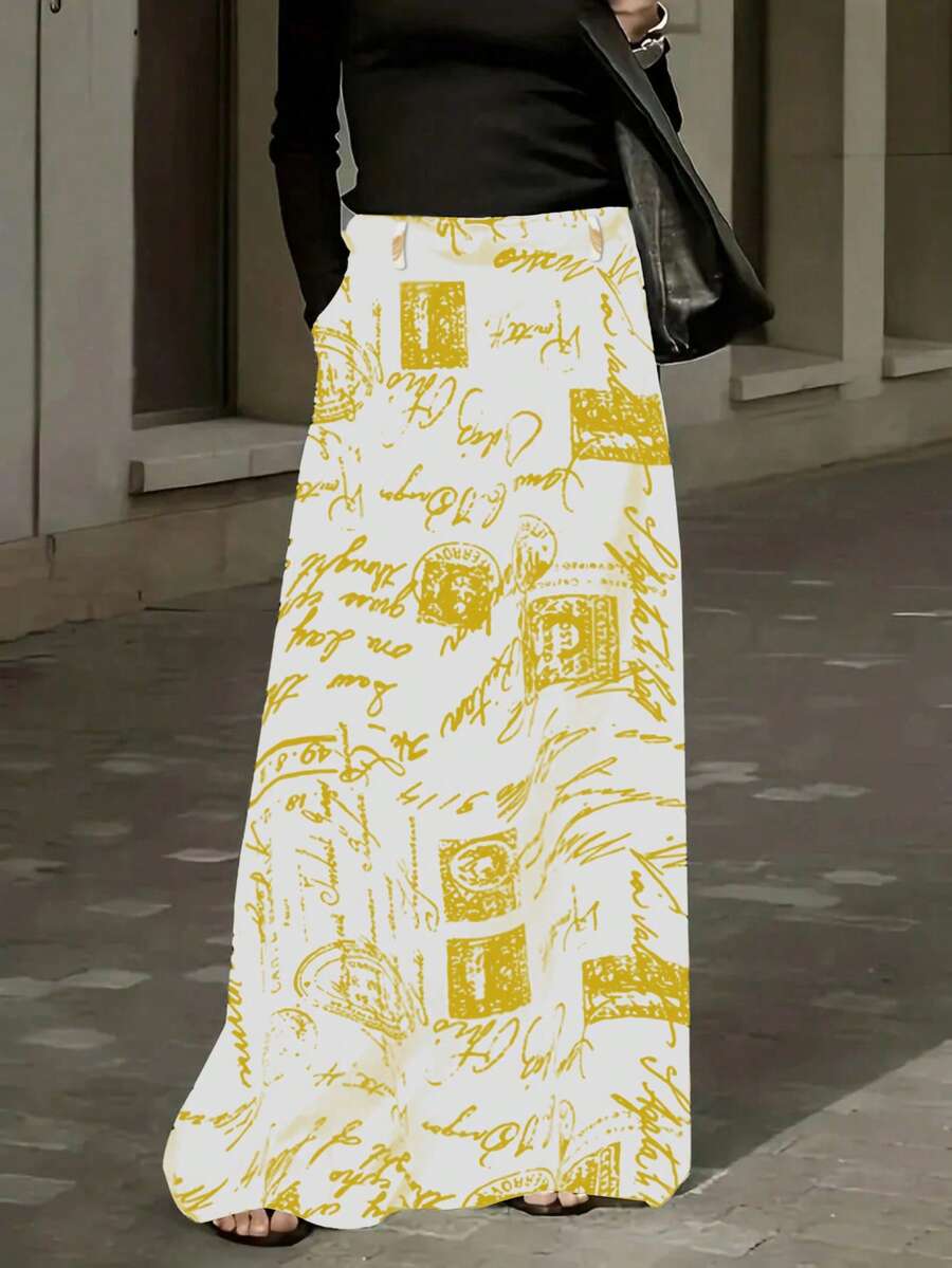 1pc Plus Size A-Line Midi Skirt, Geometric Print, Pockets, Versatile For All Seasons - Yellowish White - View 1