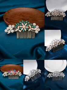 1 件梅花图案水钻合金发梳，适合女士、派对、婚礼、摄影