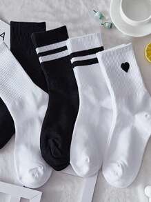 5 Pairs Of Striped Solid And Heart Print Sports Socks