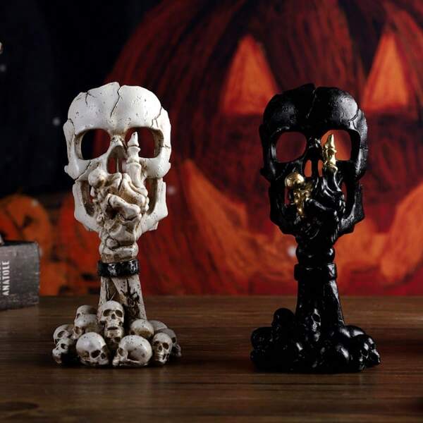 1pc Gothic Style Skull Candle Holder - Skeleton Hand Holding Skull Head Candle Holder, Unique Skull Bone Candle Holder For Halloween Home Bar Party Tabletop Decor