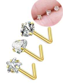 AVYRING 3 pièces Lot de piercings pour le nez à vis 20G avec strass en forme d'étoile et de cœur. Bijoux de perçage corporel pour femmes, boucles d'oreilles pour le nez