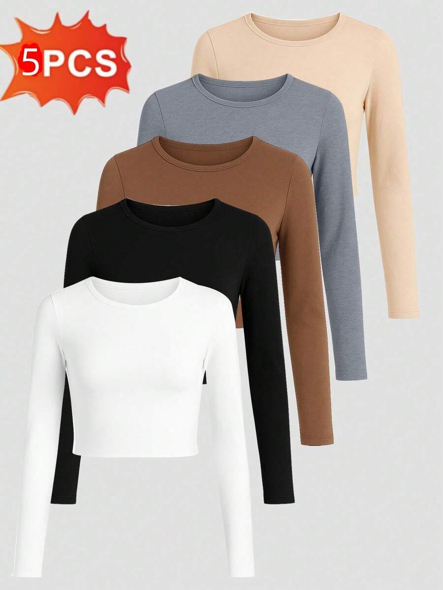 Set de 5 camisetas de manga larga de cuello redondo de ajuste delgado para mujer. Conjunto de 5 piezas Camiseta de manga larga ajustada de unicolor casual para mujer, primavera y otoño. Conjunto de 5 piezas Camiseta sencilla de manga larga de cuello en redondo negro liso para mujer, de uso casual diario en verano. Set de 5 camisetas tipo Henley casuales de mujer con cuello en redondo y mangas raglán ajustadas - Multicolor - Ver 1