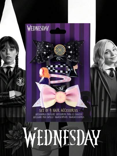  1/4Pcs Netflix Officially License Wednesday Cute Hair Clips Elegant Fashionable Anime Character Pattern Bow Knot Hair Clips For Styling Oval Bangs Clip, Broken Hair Clip, Side Cliphair Accessories For Women Suitable For Festival Christmas Birthday Party Gift Party Decorations Favors