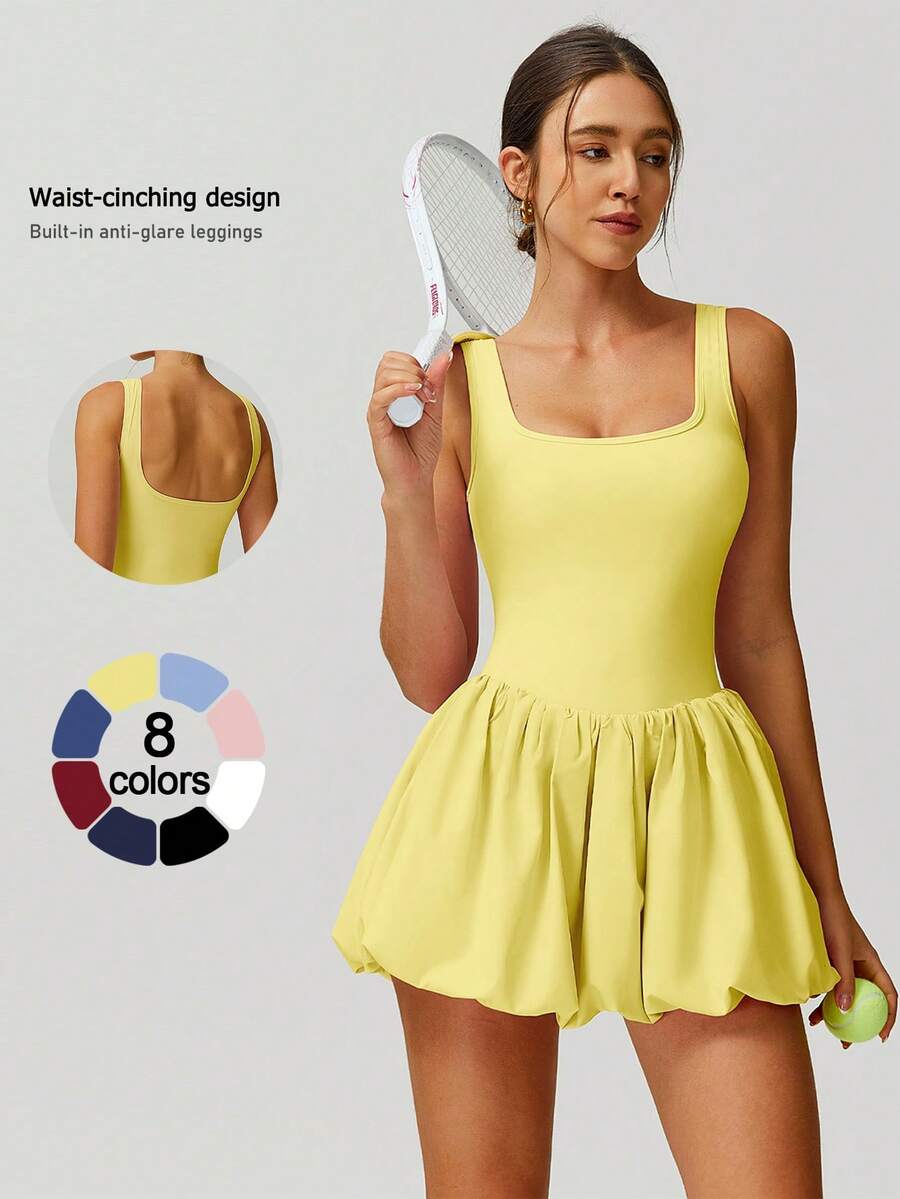 NcmRyu 1 件女士时尚瑜伽、跑步、网球、匹克球、高尔夫健身训练运动连衣裙 - 黃色 - 查看 1