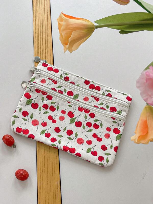 1 PC Red Cherry Green Leaf Three-Layer Envelope Bag High-End Make Up Bag,Fashionable And Casual Large Capacity Portable Zipper Makeup Bags,Travel And Vacation Essentials Cosmetic Bags For Sanitary Napkins,Pouch Pads,Wired Earphones,Earpods,Headphones,Charger,Lipsticks,Cosmetics,Perfume,Skin Care And Beauty Products,Home Decor,For Mom,Women,Nurses,Students,School Girls,Keys,Holiday Gifts