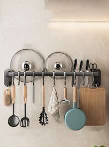 1pc Sleek Black Wall-Mounted Metal Kitchen Rack, Modern Elegance With Spice Organizer, Knife Holder & Utensil Hooks, Multi-Use Home Decor Shelf, Kitchen Decor, Spice Rack, Utensil Hooks, Home Decor Organizer, Utility Racks