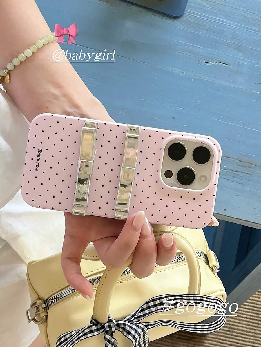 1 pieza Funda de teléfono protectora suave y linda con moño 3D punteado metálico y de moda para 11/12/13/14/15/16/Pro