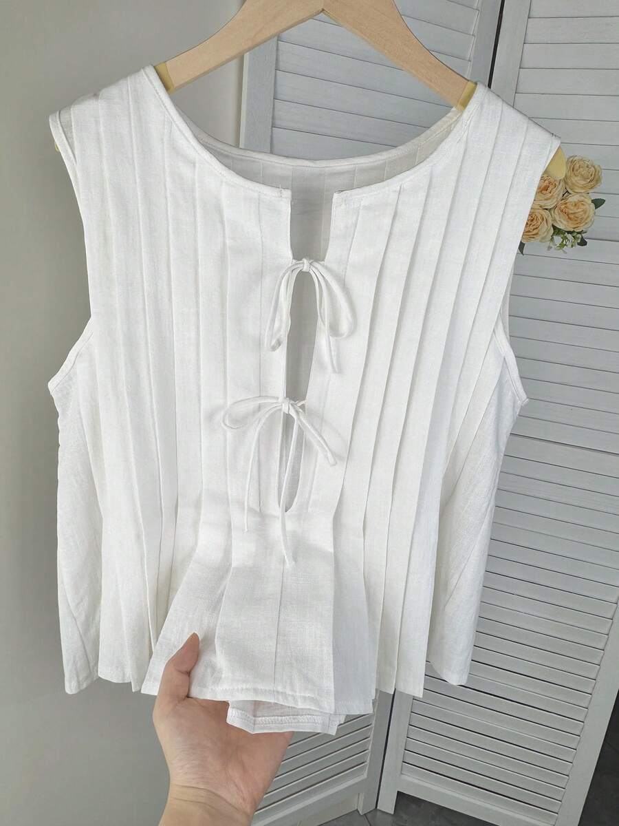 Wixra 女士无袖系带褶皱亚麻衬衫，时尚春夏设计