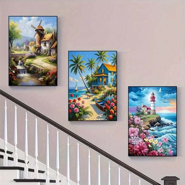 3pcs 5D Diamond Painting Kits - Landscape Patterns, DIY Full Round Acrylic Diamond, Numerical Art Craft, Frameless Wall Decor Suitable For Living Room, Bedroom, Office - Ideal Gift For Holidays