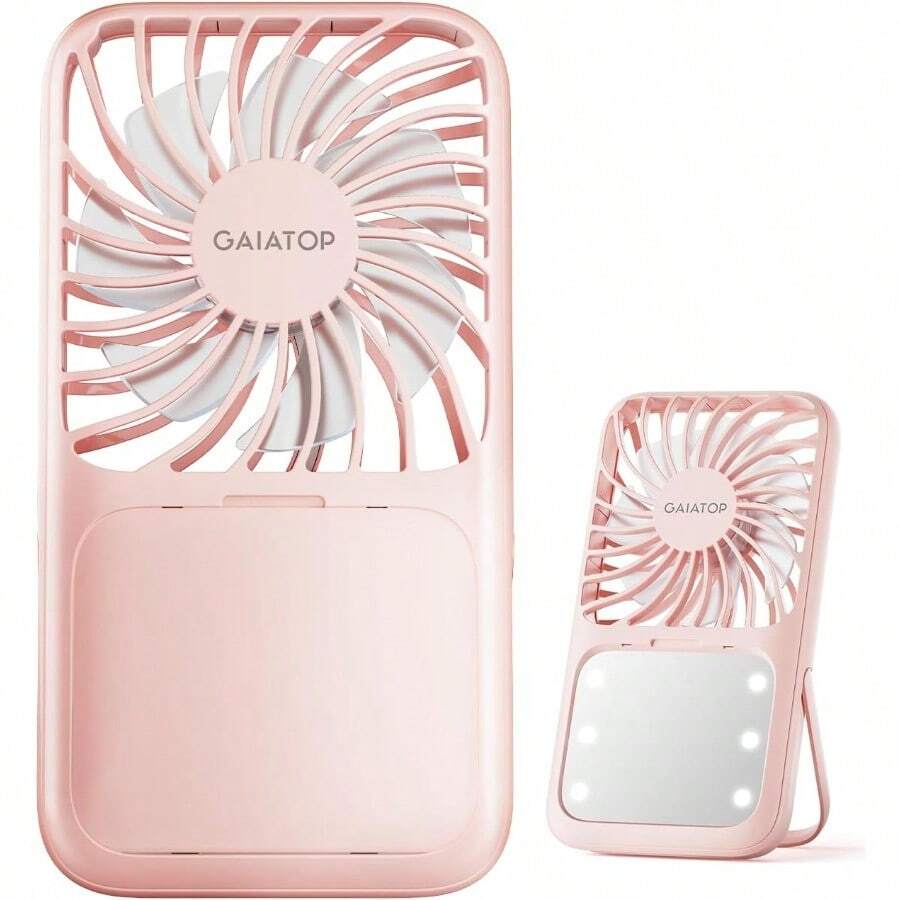 Portable Handheld Fan Folding Stand For Desktop 3 Speed LED Makeup Mirror With Light Rechargeable Mini Personal Fans Small Travel Essentials Gifts For Women Girls Pink - Pink - View 1