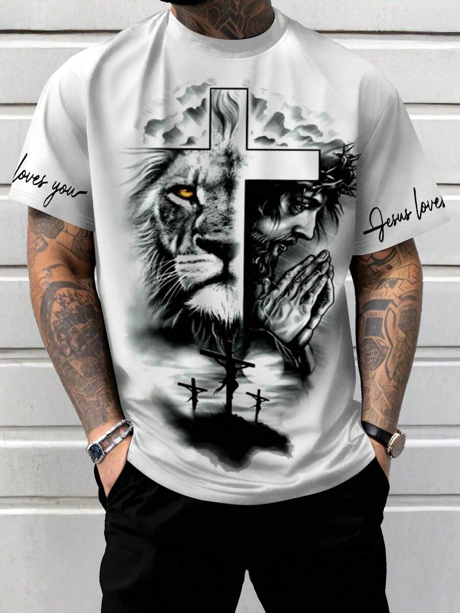 Camiseta de cuello redondo de talla grande para hombre con estampado de cruz y león - Blanco - Ver 1