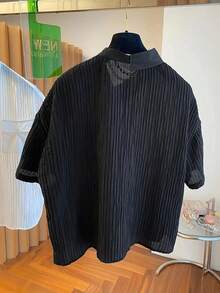 女士街头时尚不对称条纹短袖衬衫 黑色 夏季 - 黑色 - 查看 2