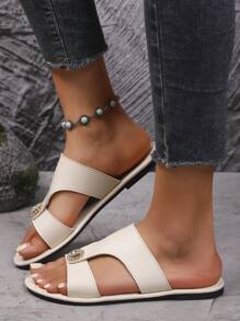 Sandalias de dedo de unicolor y elegante de piel de imitación (PU) con rhinestones, para usar en playa y resort en verano y otoño