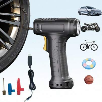 Compresor de aire portátil, inflador de neumáticos, bomba de aire para automóvil de 150 PSI. Cuenta con luz de trabajo LED y viene con un estuche de almacenamiento de EVA. El modelo con cable no incluye batería; el modelo inalámbrico incluye una batería de ión de litio de 7.4V 2000Mah. Admite inflado rápido y apagado automático. Adecuado para automóviles/motocicletas/bicicletas/balones, accesorios/regalos para automóviles.