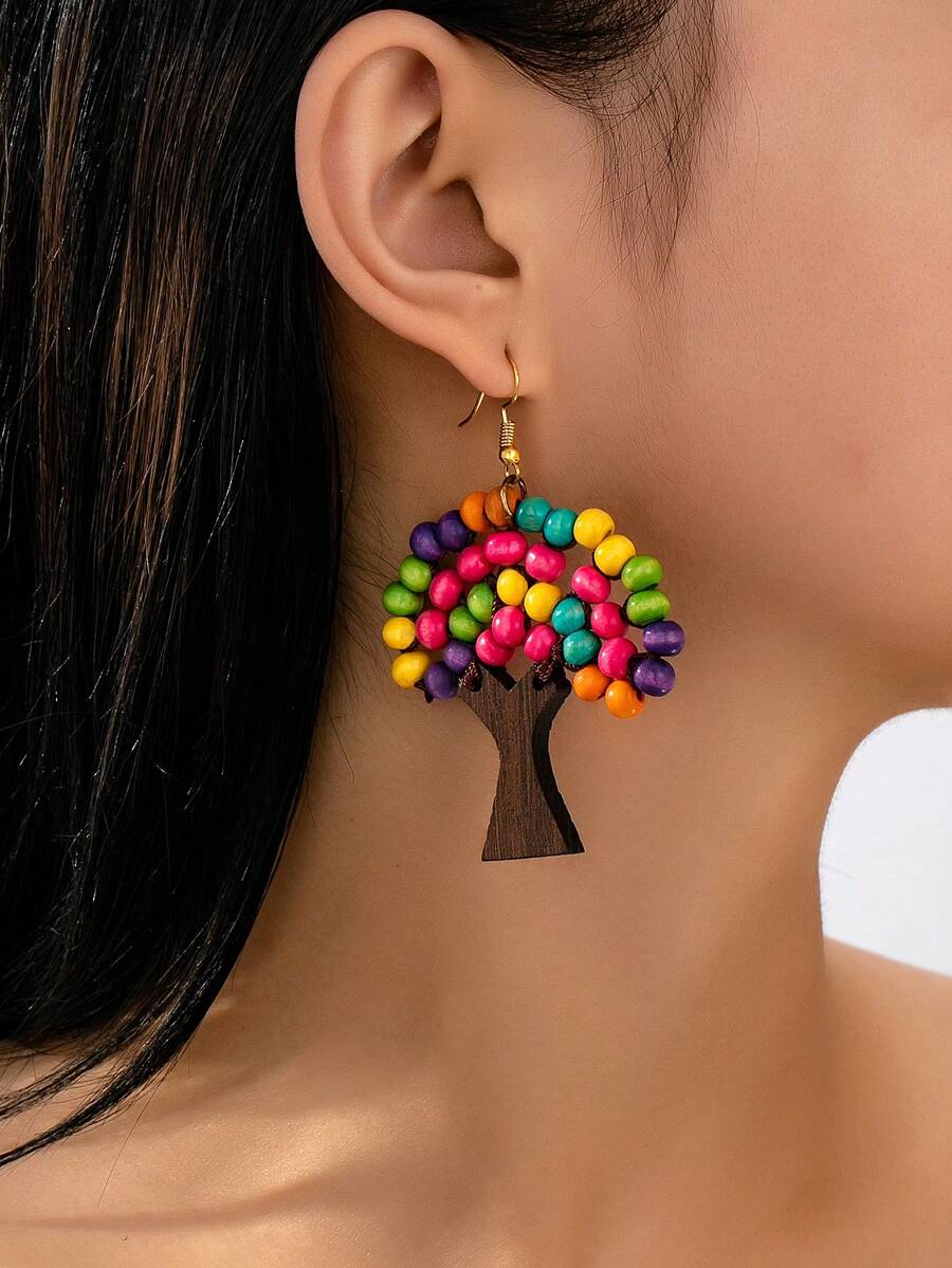 1 对女士时尚串珠树形吊坠耳环，适合女性 - 彩色 - 查看 1