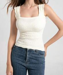 S.Women's Square Neck Wide Strap Crop Tops Flower Going Out Tops Lettuce Trim Crop Cami Tops - Green - View 9