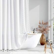 78 Inches Long Shower Curtain, Boho Tufted  Striped Tall Cloth Shower Curtains For Bathroom Decor, Large Hotel Spa Luxury Shower Curtain Set With Hooks, Wrinkle Free, White, 72x78 - 白色 - 查看 1