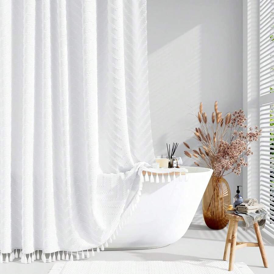 78 Inches Long Shower Curtain, Boho Tufted Striped Tall Cloth Shower Curtains For Bathroom Decor, Large Hotel Spa Luxury Shower Curtain Set With Hooks, Wrinkle Free, White, 72x78 - 白色 - 查看 1