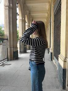 Minimalist Contrast Striped Crew Neck Knit Sweater, Long Sleeve Soft & Cozy Layering Top For Women, Autumn/Winter