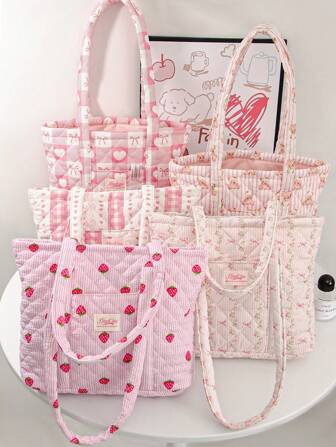 1 件粉色甜美蝴蝶结图案绗缝大容量女士手提包假日包，女士时尚购物手提包，适合少女女大学生，非常适合大学、户外、旅行、郊游沙滩包、夏季必备品、度假和假日的完美选择、书包、大容量、便携、适合少女女大学生