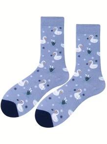 1 par de calcetines azul claro para mujeres - Cisne invernal con patrón de copos de nieve, suaves y elásticos para mayor comodidad, lavar a mano, accesorios de moda para clima frío, calcetines navideños para un ajuste cómodo
