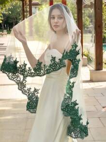 Short Single-Layer Soft Sheer Green Embroidered Lace Trim Edge Headpiece Bridal Veil Wedding Accessory For Women, Outdoor, Bachelorette Party Face Veil
