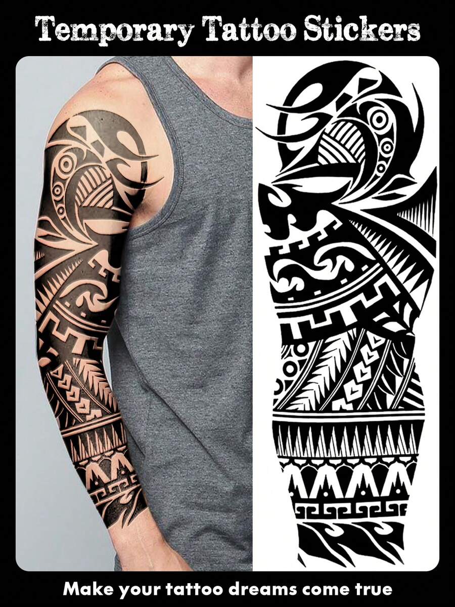 1 Sheets Extra Large Full Arm Size Body Art Temporary Tattoo Stickers For Men And Women, Black Black Power Maori Totem Pattern, Waterproof Fake Sleeves Tattoos, Lasts 2-5 Days, Covering Scars, Can Be Used On Arms Wrist Shoulders Legs Waist Neck Hand Chest Thighs Finger, Best Friend Couple Party Tattoo