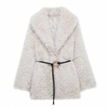 DEEKA New Autumn/Winter Faux Fur Trim Mid-Length Thick Warm Coat With Belt - Beige - View 2