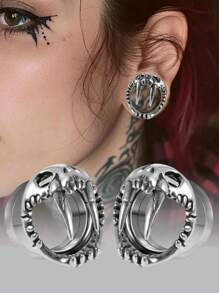 1 par de aretes tipo túnel y tapón con diseño de perro esqueleto de acero inoxidable con gran diente en estilo punk