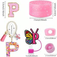 Set de 6 accesorios para taza de 30oz y 40oz, compatible con tazas , incluye dijes con letras para el asa, funda de silicona, tapa para pitillo y pegatina (letra S) - Letra P - Ver 3