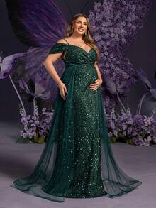 Faeriesty Dressalisa Plus Elegant Plus Maternity Cold Shoulder Mesh Overlay Sequin Dress For Summer Spring Occasions (Wedding Guest, Formal Dinner, Garden Party, Maternity Photoshoot, Evening Event)