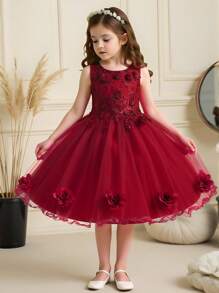 Tween Girl Solid Color Tulle & Satin Floral Puff Dress, Elegant & For Birthday Party, School Dance, No Headband Included