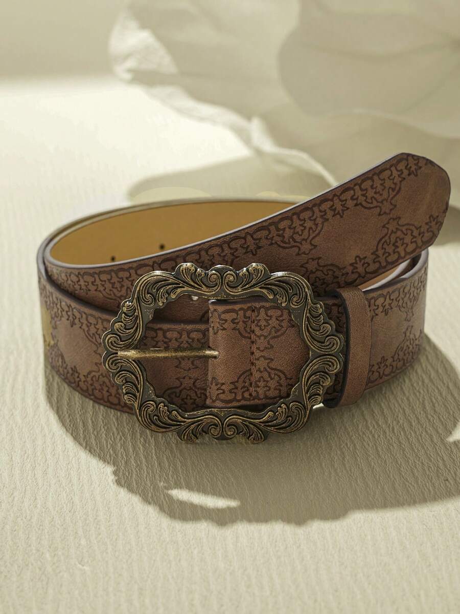 1pc Women's Retro Heart Buckle Waist Belt, Dark Floral Western Style PU Leather Belt, Versatile & - Belt a - View 1