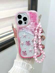 创意海龟和奶油波浪图案绘画防震硅胶手机壳，配手工串珠手链，适用于 XR/7/8、 15 Pro Max、13、14、11、12 Mini、P12