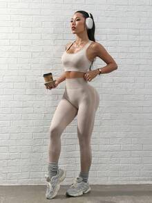 无缝瑜伽基本款运动背心和紧身裤 - 香檳色 - 查看 6