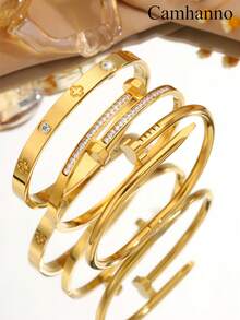 Camhanno 3 件套休闲多色不锈钢手链套装，采用独特的钉子双头锤设计，饰有四叶花元素，非常适合日常佩戴，可作为男女礼物，时尚珠宝 - 彩色 - 查看 11