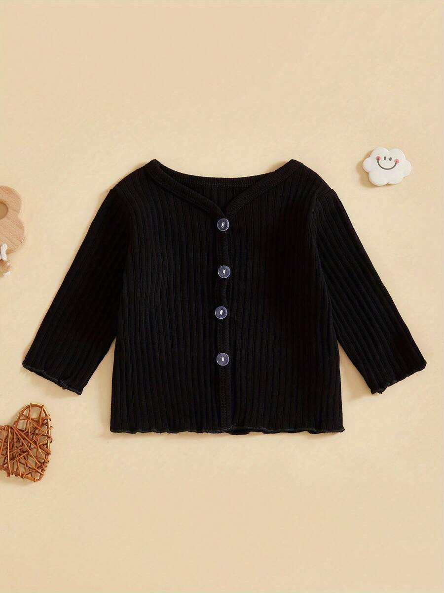 Suéter de manga larga para niñas pequeñas, informal, de color sólido, con botones en la parte delantera, cárdigan de punto para bebés, ropa cálida para niños pequeños - Negro - Ver 1
