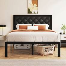 Estructura de cama Queen Gunji con cabecero acolchado, estructura de cama metálica de plataforma con almacenamiento debajo de la cama, sistema de soporte totalmente metálico, sin necesidad de caja de resortes, sin ruido, fácil montaje, gris oscuro