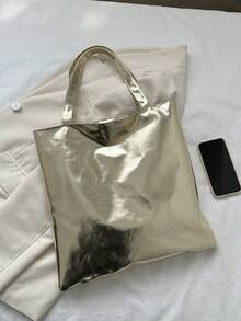 新款简约大容量亮面单肩托特包，柔软PU皮革通勤托特包，时尚高光镜面托特包 - 金色 - 查看 7