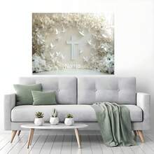 1pc Customizable Name Banner For First Communion, White Cross And Floral Pattern, Personalized Baptism Name Decoration, Party Backdrop For Wedding - Pure White - View 7