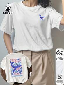 大码女式100%纯棉鲸鱼印花短袖T恤，休闲白色上衣，图案T恤，纯棉T恤，外出上衣，情人节，周年纪念日，浪漫礼物，送给她的礼物，送给女朋友的礼物，情侣装，表达爱意，我爱你，独特礼物，数量有限，返校服装，校园穿搭灵感，返校必备单品，开学第一天穿搭，2026返校穿搭 - 白色 - 查看 4