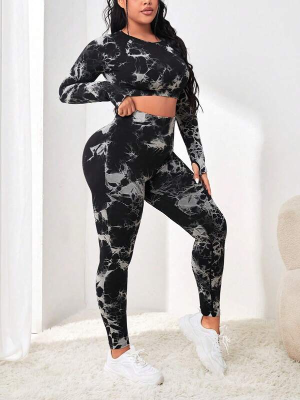 1 Set Tie Dye Yoga Pants & Fitness Shaping Tight Comfortable Leggings And Plus Size Top, Women Sports Suit