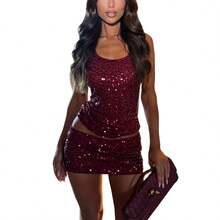 Women Sequin 2 Piece Outfits Y2K Sparkly Mesh Mini Skirt Sets Glitter Sleeveless Backless Slim Fit Crop Tank Tops And Shiny Bodycon Short Skirts Sets Party Club Wear - Burgundy - View 2
