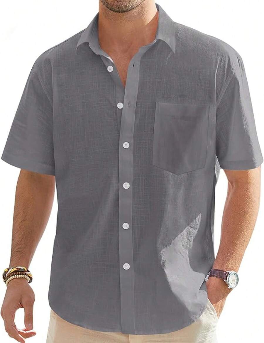 Men's Cotton Linen Short Sleeve Shirts Casual Lightweight Button Down Shirts Vacation Beach Summer Tops With Pocket - 深灰色 - 查看 1