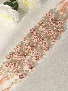 1pc Wedding Crystal Headband Pink Flower Headband Handmade Faux Pearl Bridal Headpiece Bride Bridesmaid Hair Accessories Valentine's Day Valentines - Pink - View 5