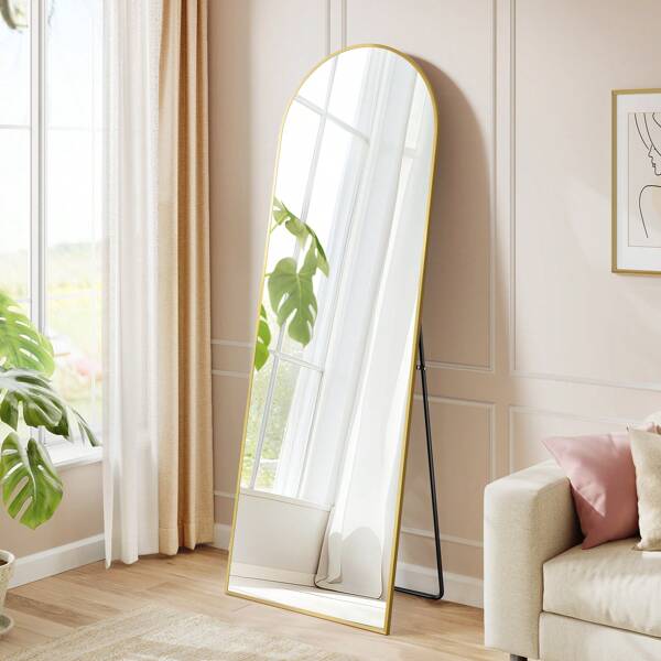 Ganzkörperspiegel, 160 x 50 cm, gewölbter Standspiegel, Rahmen aus Aluminiumlegierung, Hartglas, für Schlafzimmer, Wohnzimmer, Garderobe,Blassgold